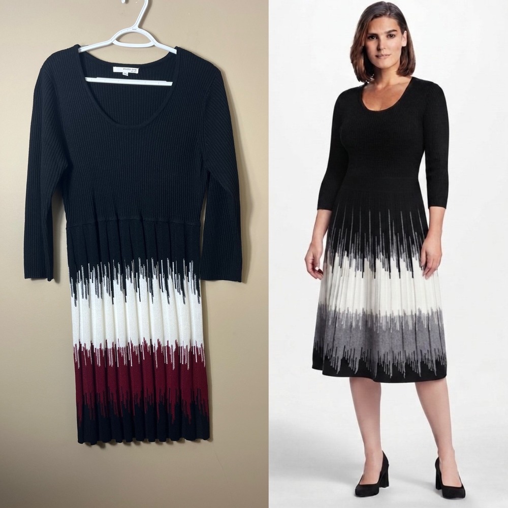 Studio One New York Sweater Dress Size L Black Colorblock Ribbed Knit Mod Chic